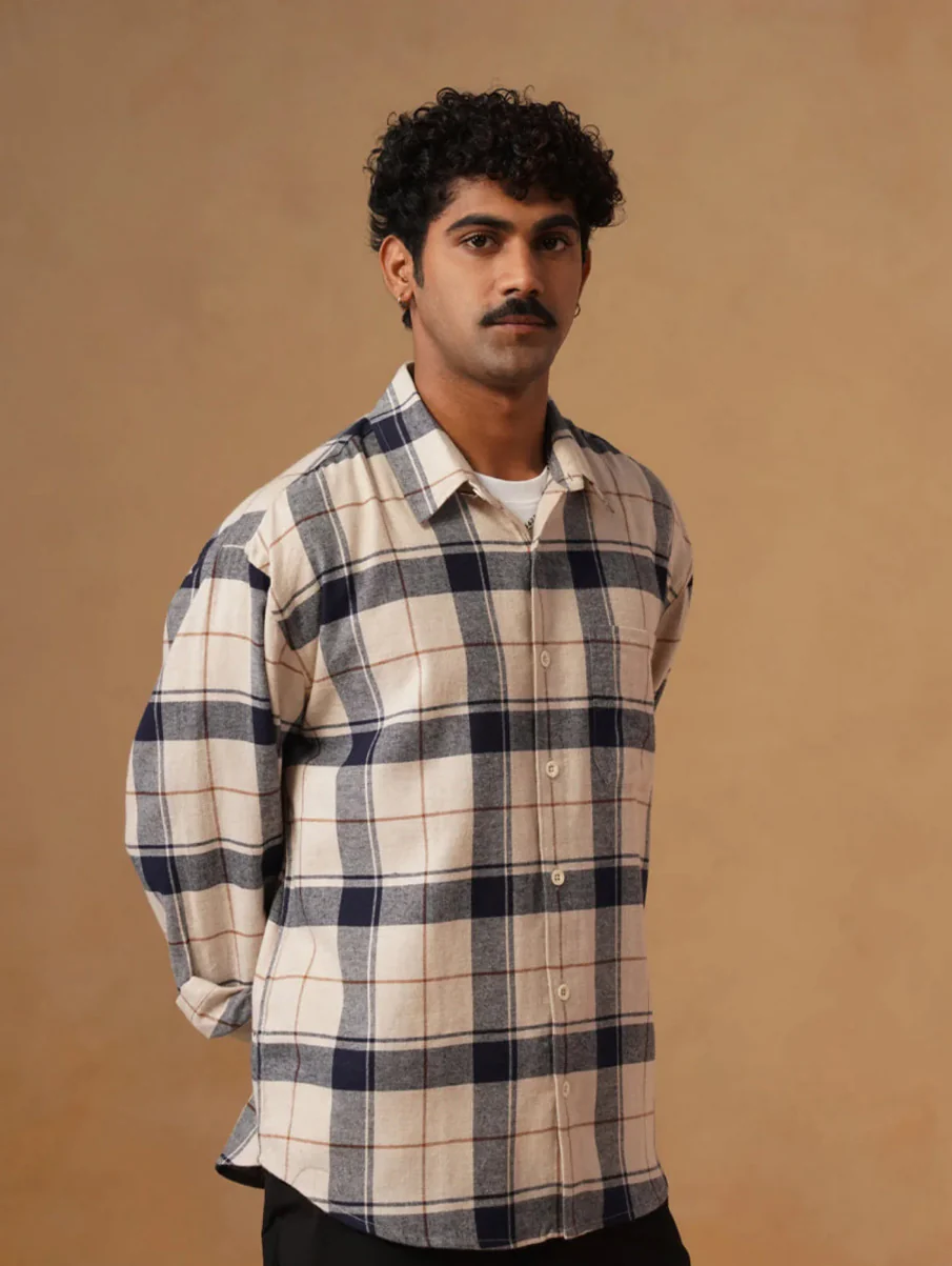 Beige & Blue Checkered Brushed Cotton Shirt – Loose Fit, Full Sleeves - Image 3