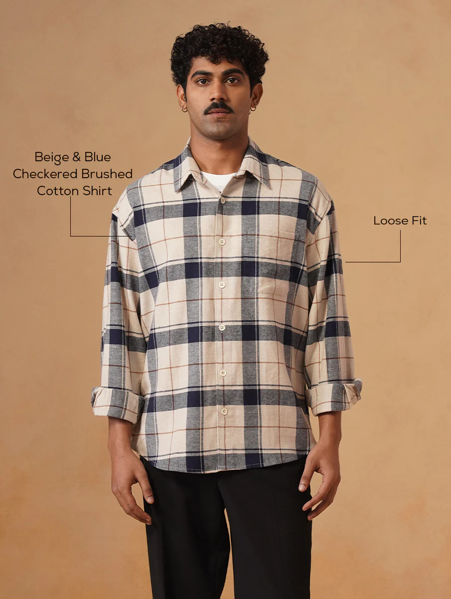 Beige & Blue Checkered Brushed Cotton Shirt – Loose Fit, Full Sleeves - Image 4
