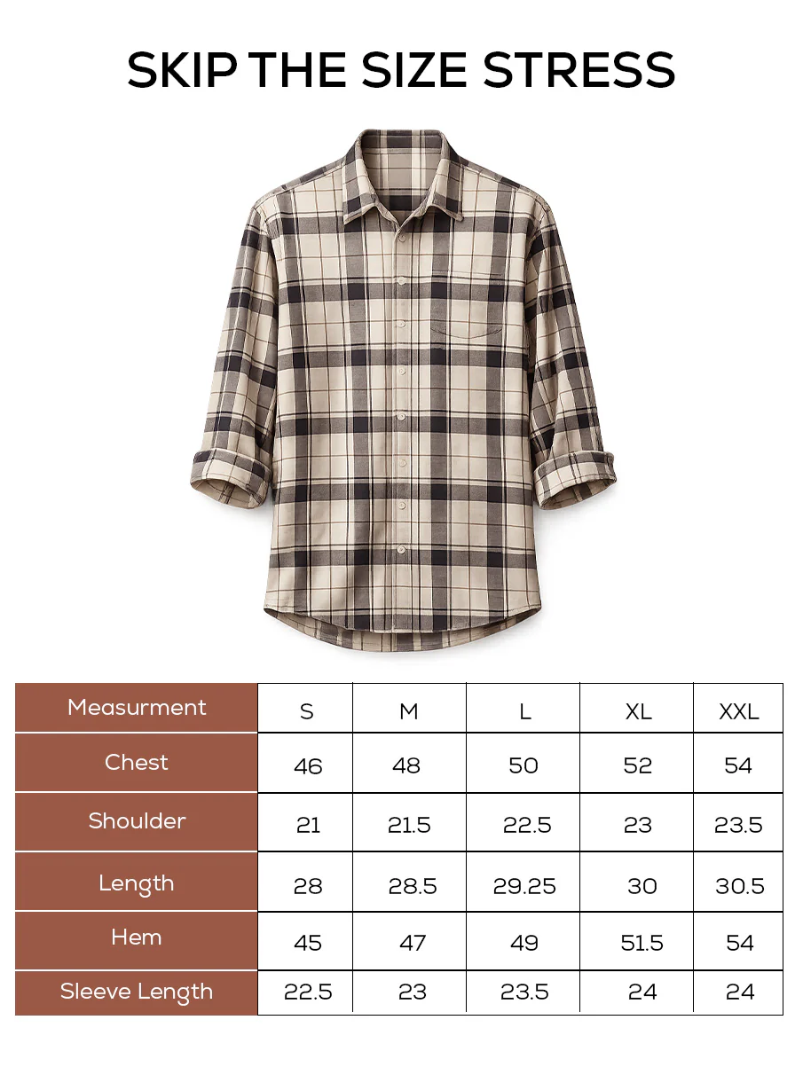 Beige & Blue Checkered Brushed Cotton Shirt – Loose Fit, Full Sleeves - Image 5