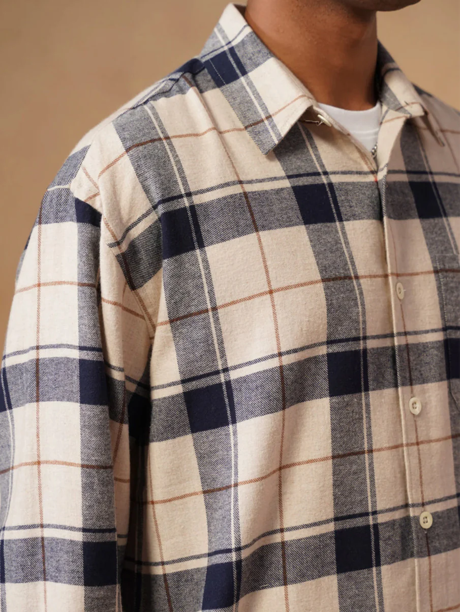 Beige & Blue Checkered Brushed Cotton Shirt – Loose Fit, Full Sleeves - Image 6