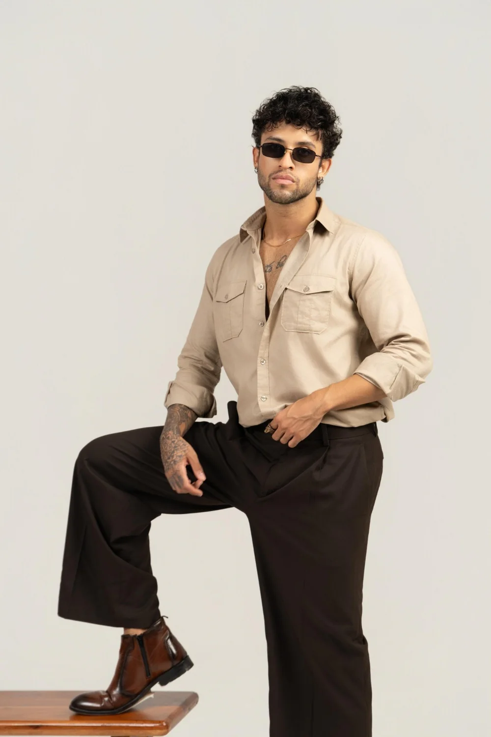 Men’s Full Sleeve Safari Shirt – Beige - Image 2