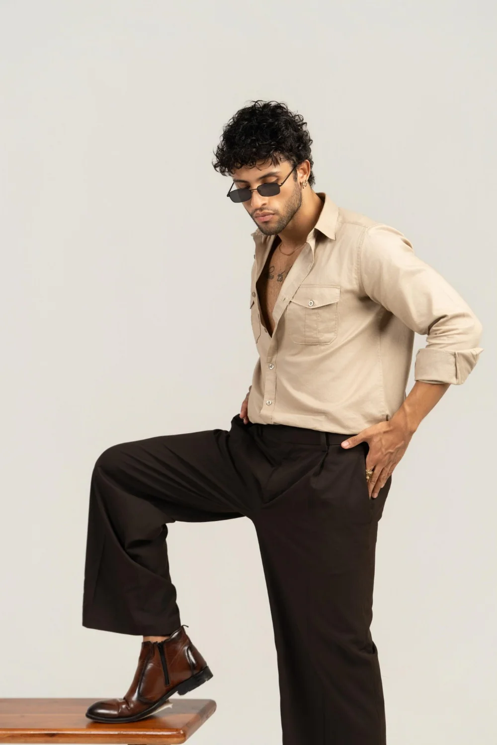 Men’s Full Sleeve Safari Shirt – Beige - Image 3