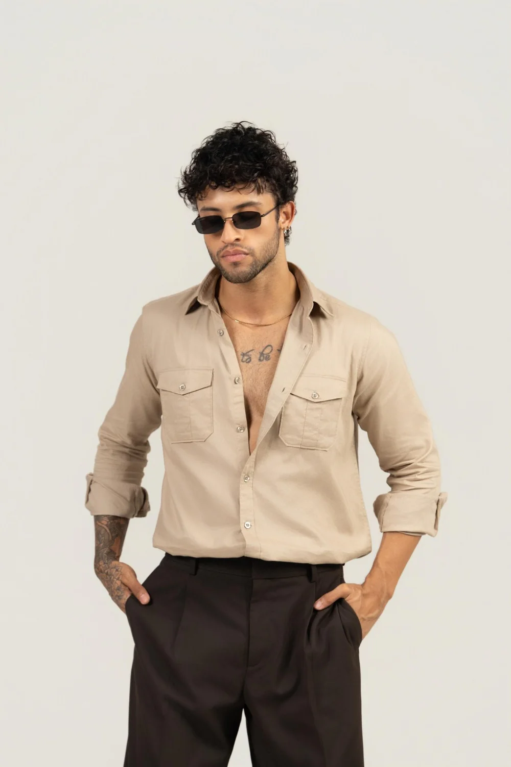 Men’s Full Sleeve Safari Shirt – Beige - Image 5