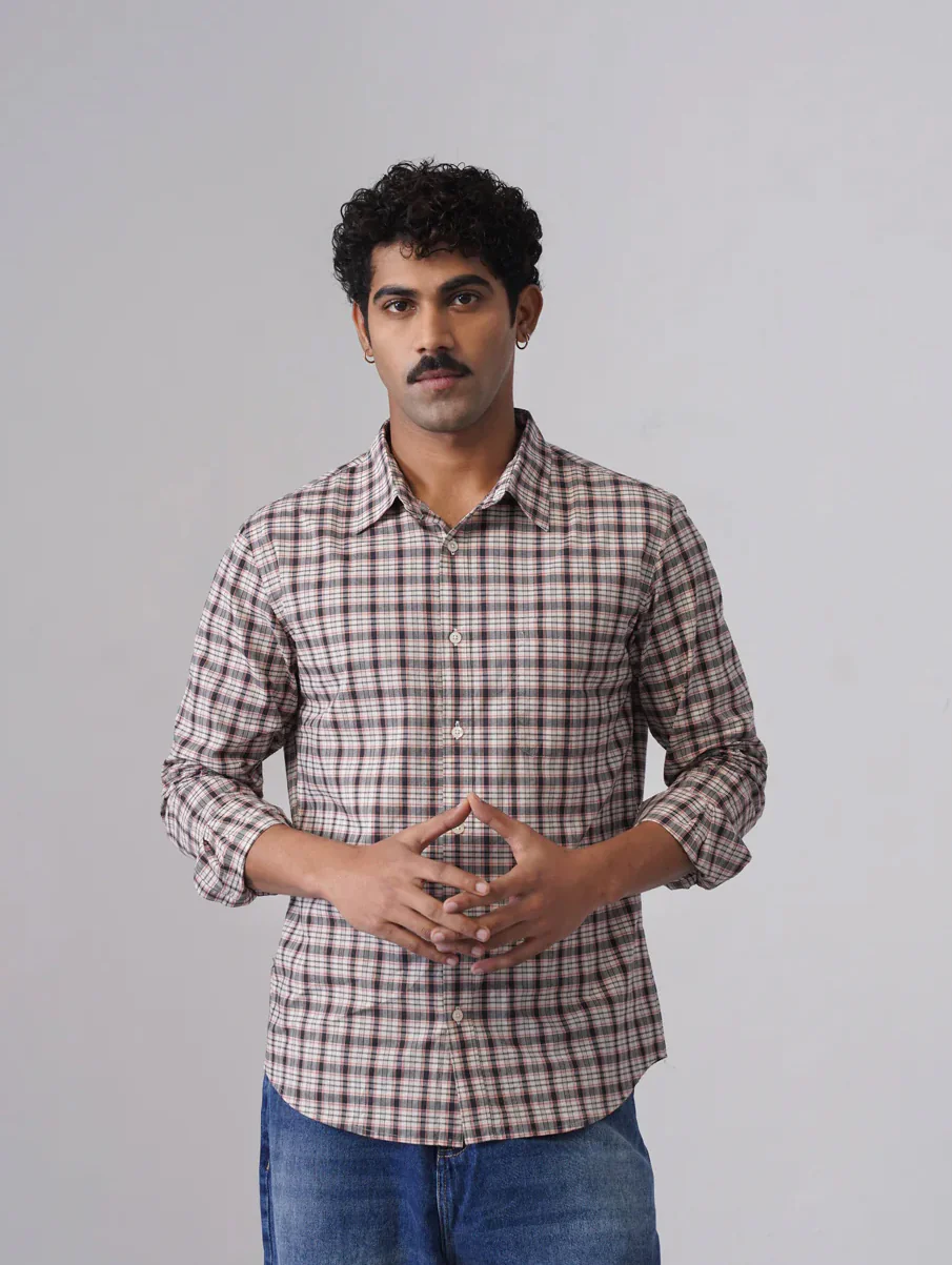 Beige & Grey Checked Cotton Stretch Shirt – Regular Fit, Full Sleeves
