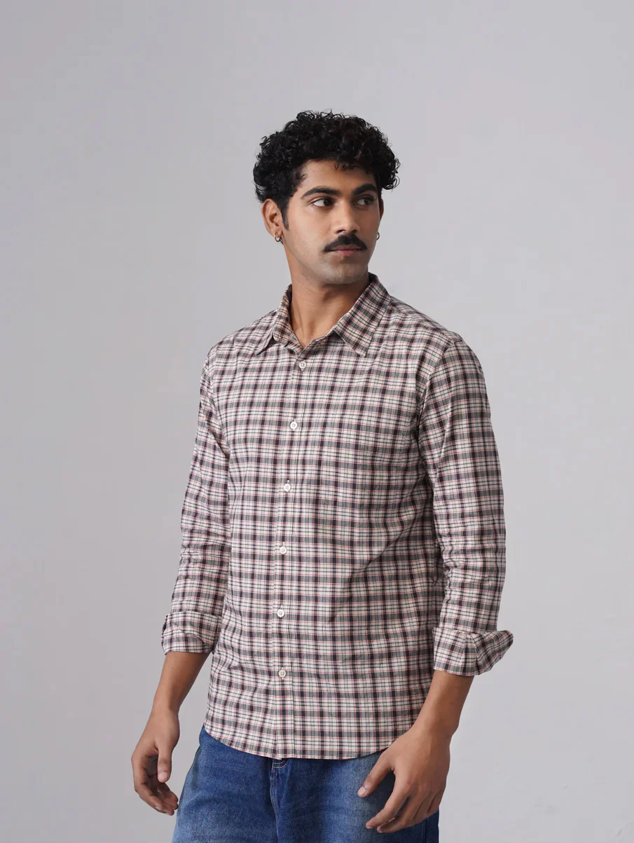 Beige & Grey Checked Cotton Stretch Shirt – Regular Fit, Full Sleeves - Image 3