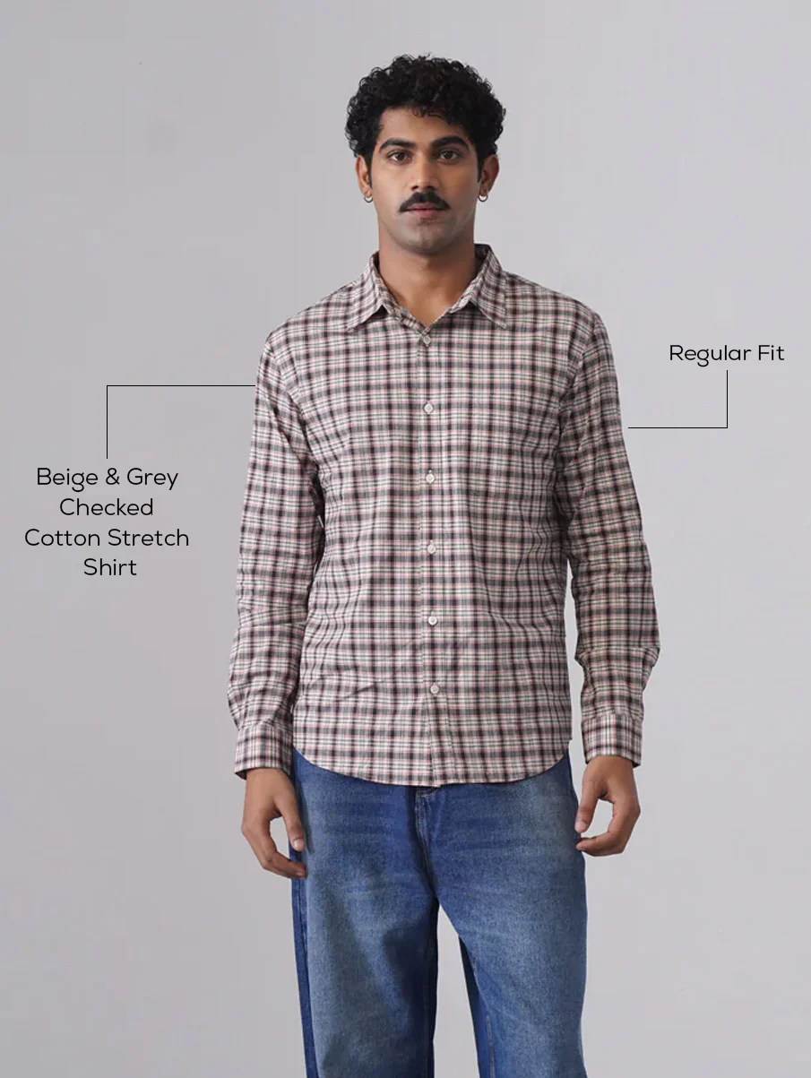 Beige & Grey Checked Cotton Stretch Shirt – Regular Fit, Full Sleeves - Image 4