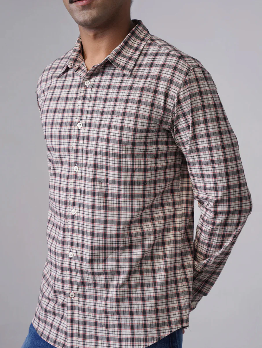 Beige & Grey Checked Cotton Stretch Shirt – Regular Fit, Full Sleeves - Image 6