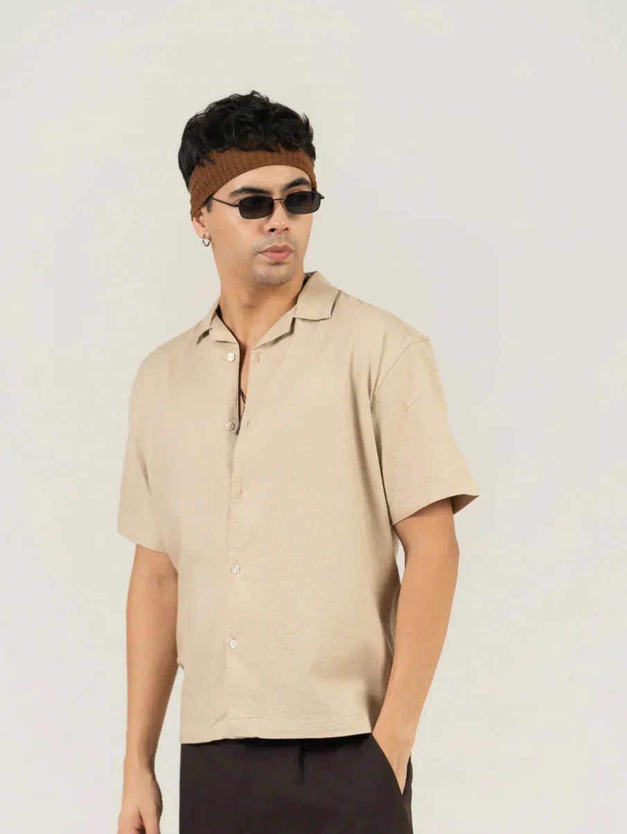 Beige Half Sleeve Cuban Collar Shirt – Loose Fit - Image 3