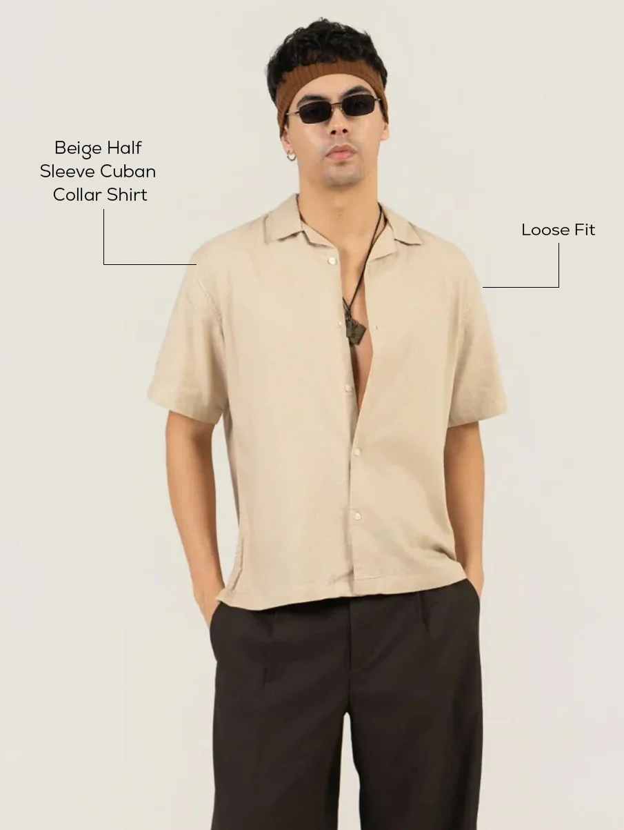 Beige Half Sleeve Cuban Collar Shirt – Loose Fit - Image 4