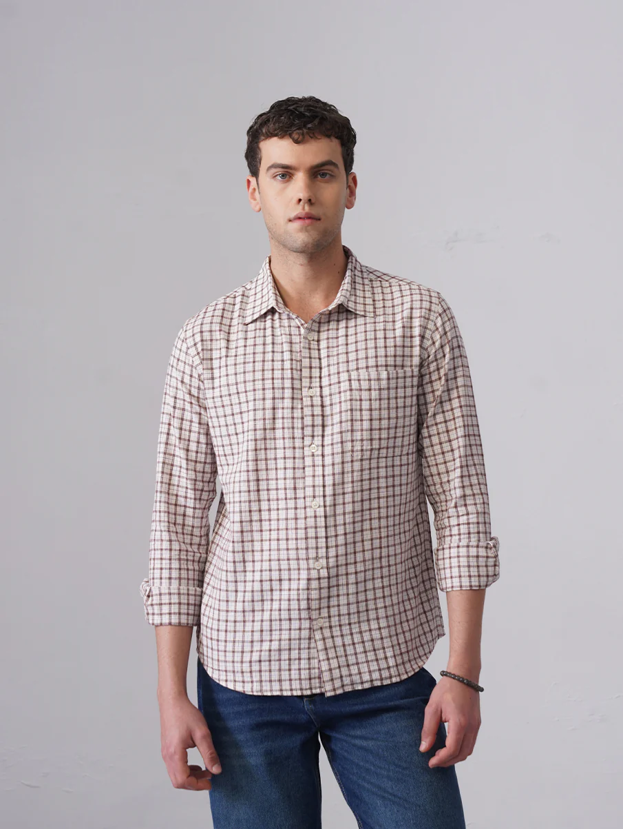 Beige & Maroon Checkered Cotton Shirt – Regular Fit, Full Sleeves - Image 3