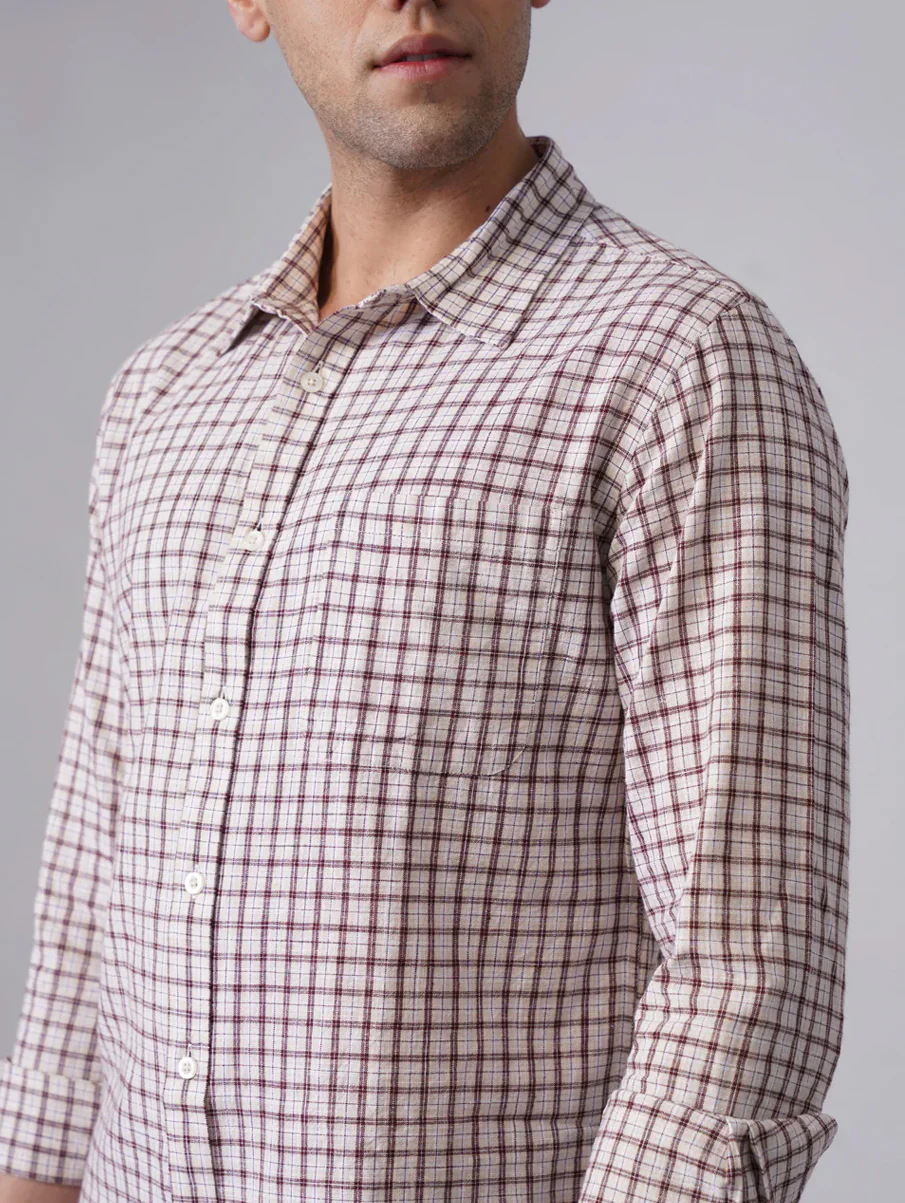 Beige & Maroon Checkered Cotton Shirt – Regular Fit, Full Sleeves - Image 4