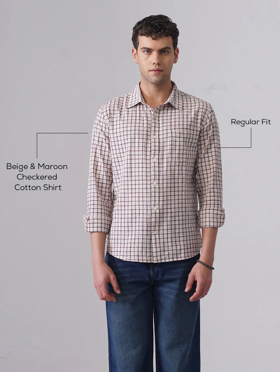 Beige & Maroon Checkered Cotton Shirt – Regular Fit, Full Sleeves - Image 5