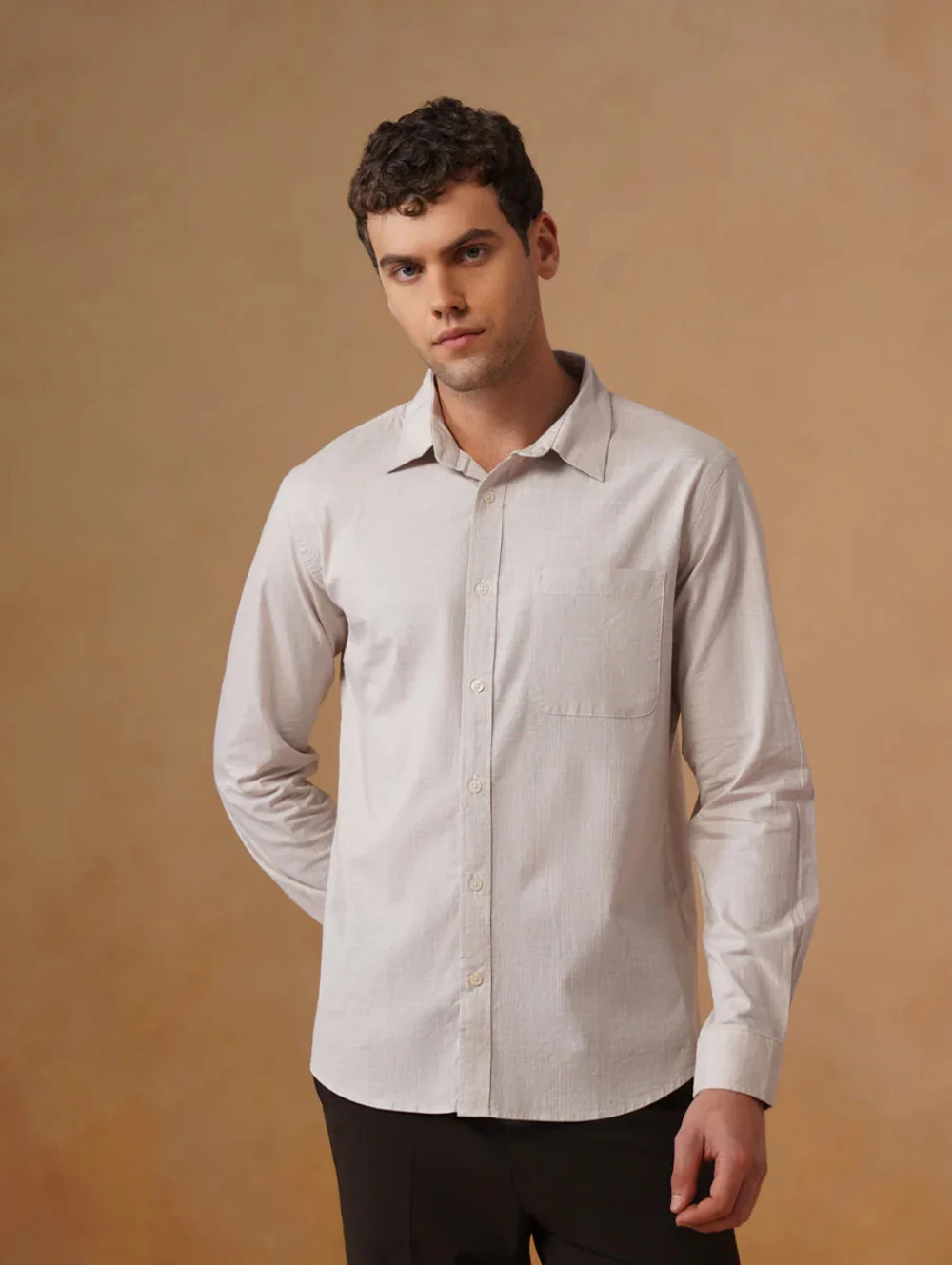 Beige Slub Cotton Shirt – Regular Fit, Full Sleeves - Image 3
