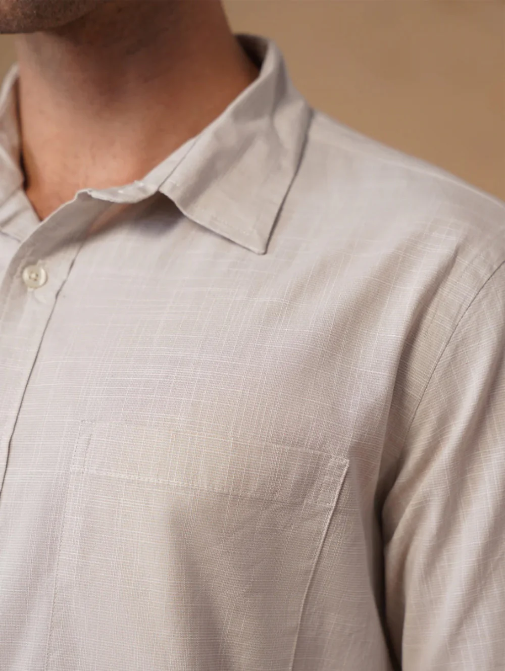 Beige Slub Cotton Shirt – Regular Fit, Full Sleeves - Image 4