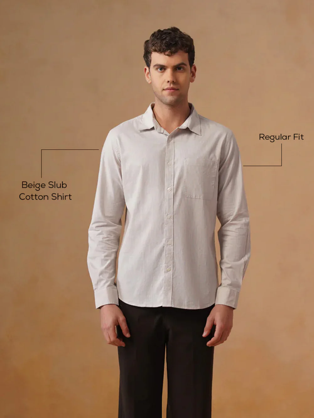 Beige Slub Cotton Shirt – Regular Fit, Full Sleeves - Image 5