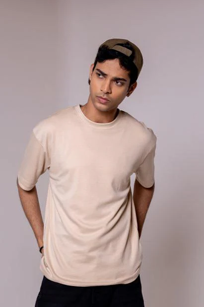 Beige Solid Oversized T-shirt