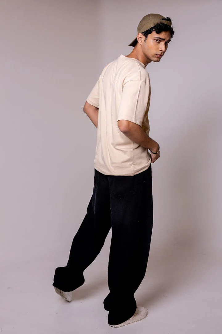 Beige Solid Oversized T-shirt - Image 2