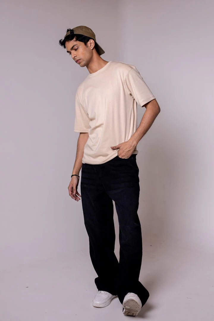 Beige Solid Oversized T-shirt - Image 3