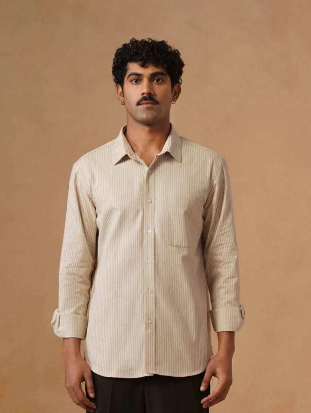 Beige Striped Cotton Shirt – Regular Fit, Full Sleeves