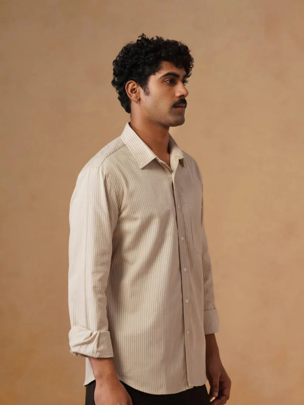 Beige Striped Cotton Shirt – Regular Fit, Full Sleeves - Image 3