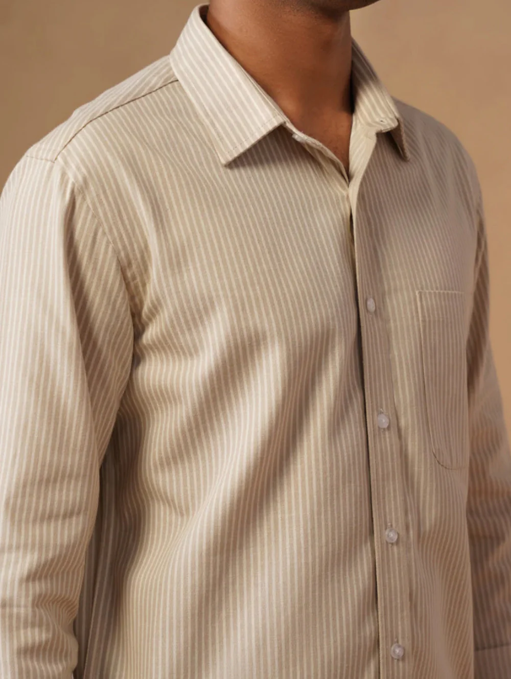 Beige Striped Cotton Shirt – Regular Fit, Full Sleeves - Image 6