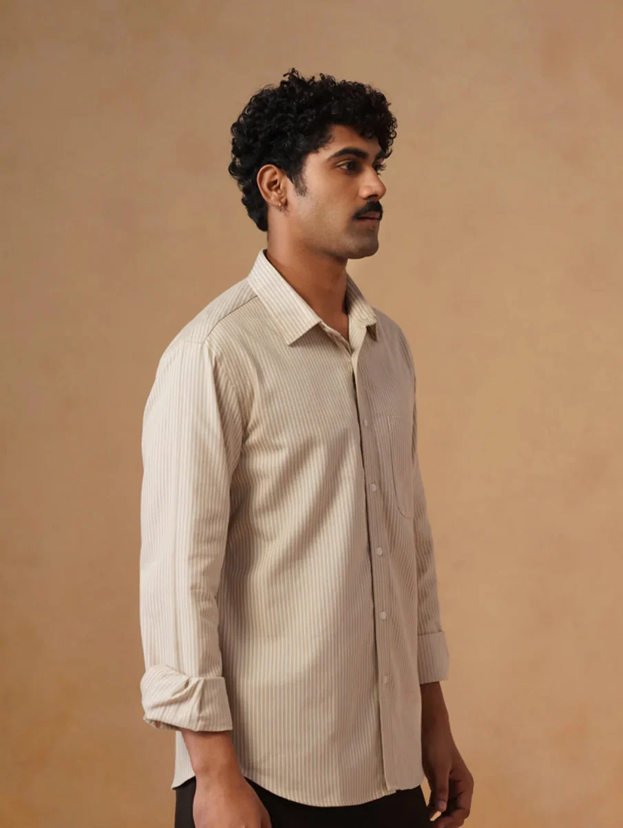 Beige Striped Cotton Shirt – Regular Fit