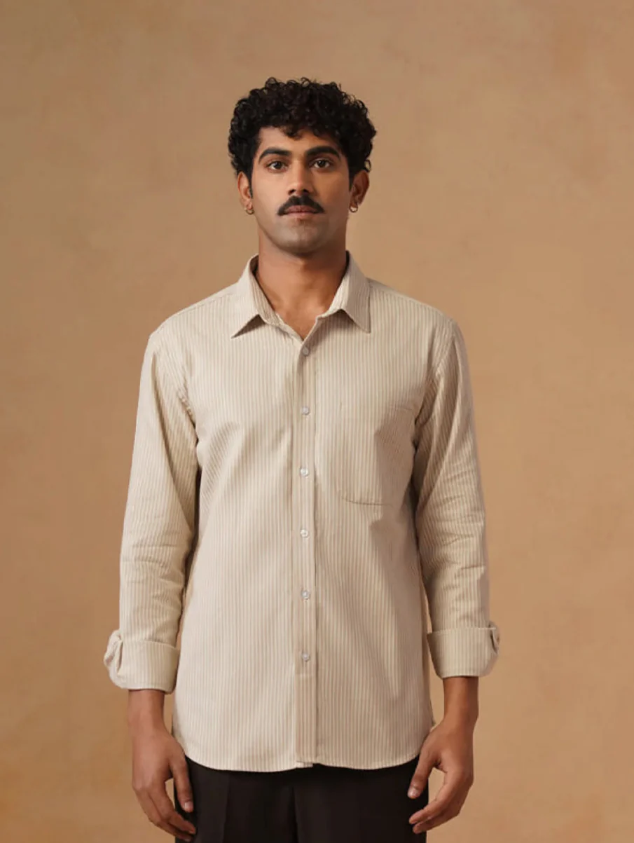 Beige Striped Cotton Shirt – Regular Fit - Image 3