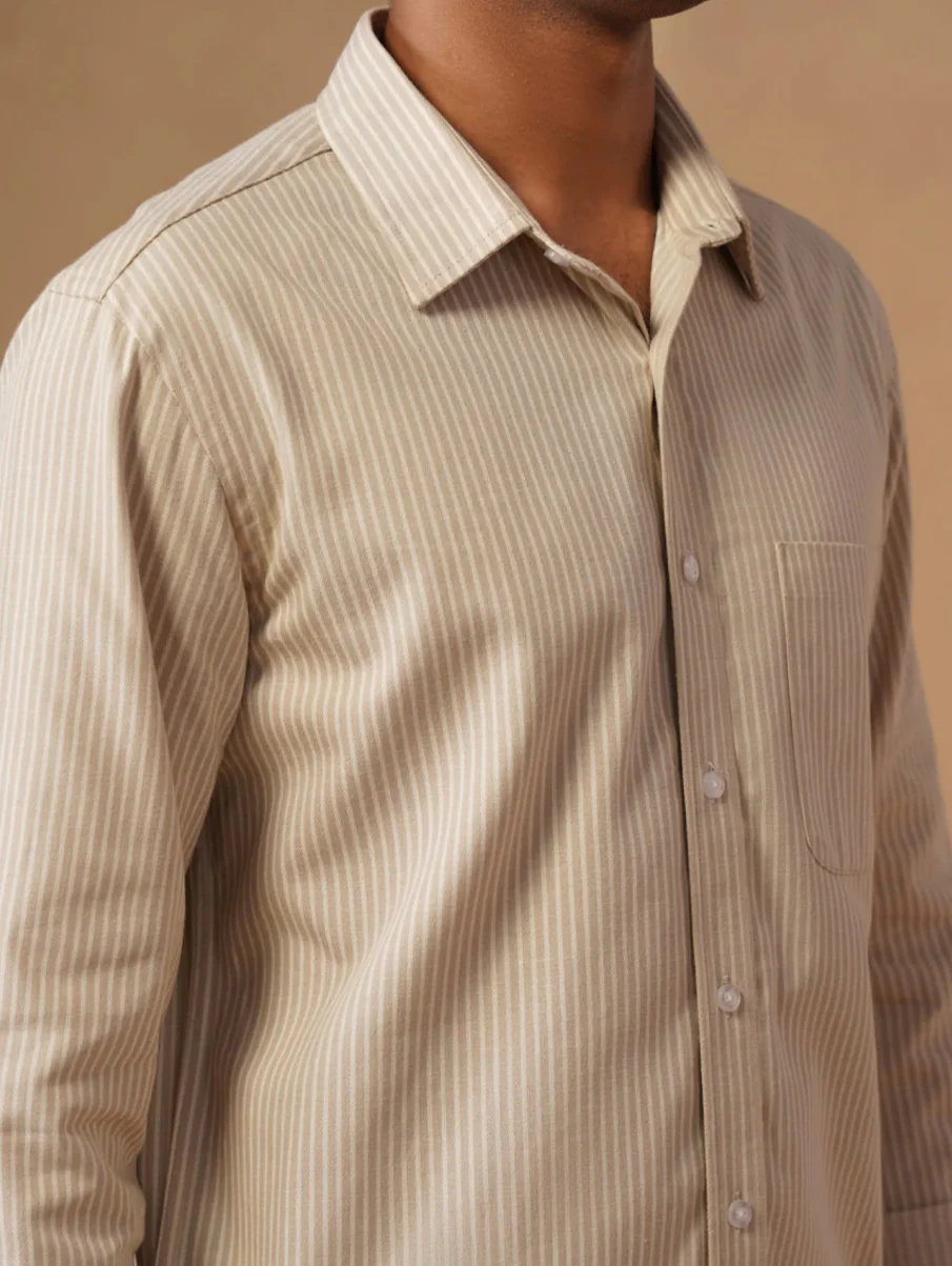 Beige Striped Cotton Shirt – Regular Fit - Image 4