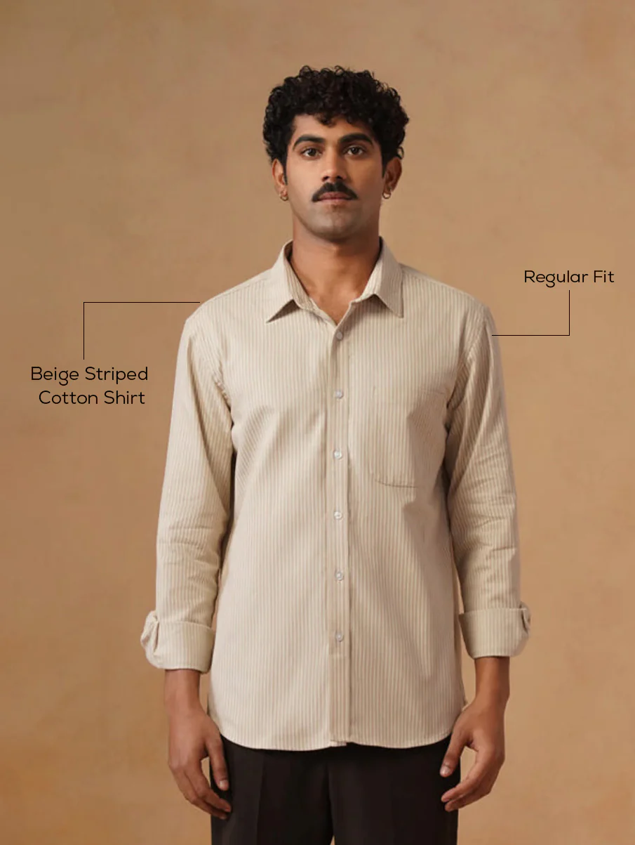 Beige Striped Cotton Shirt – Regular Fit - Image 5