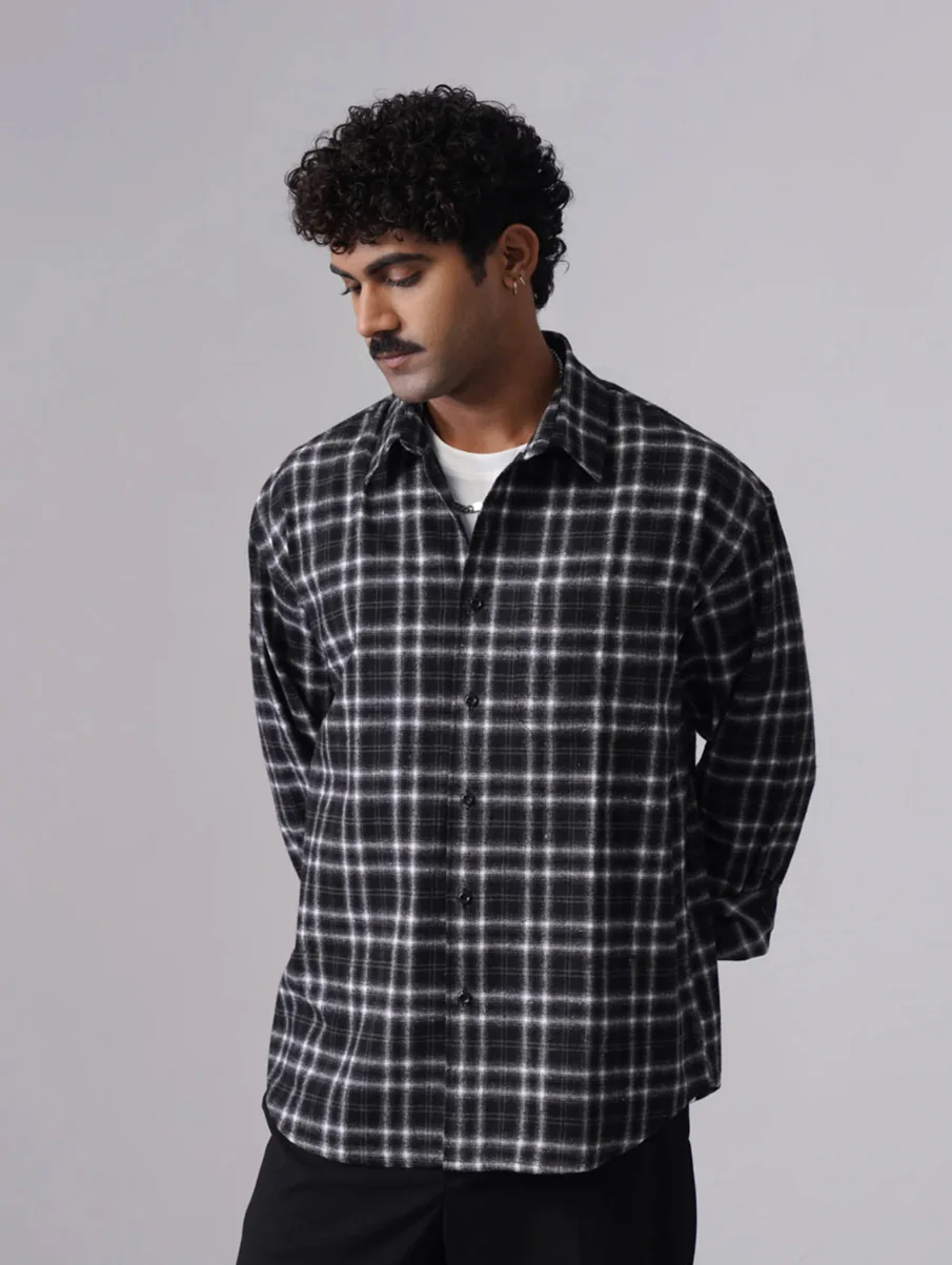 Black Checkered Brushed Cotton Shirt – Loose Fit, Full Sleeves - Image 3