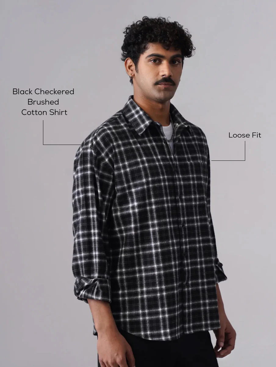 Black Checkered Brushed Cotton Shirt – Loose Fit, Full Sleeves - Image 4