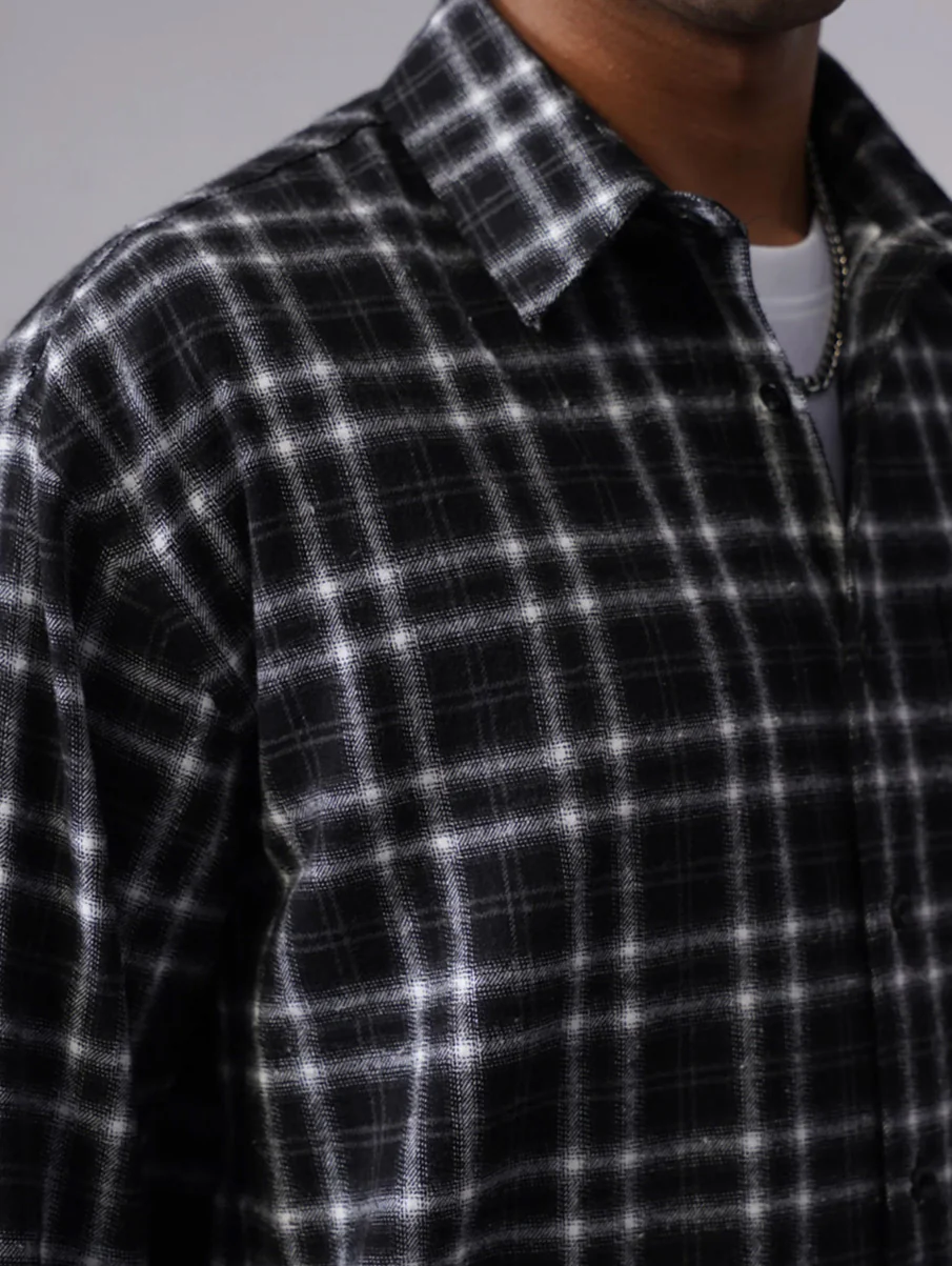 Black Checkered Brushed Cotton Shirt – Loose Fit, Full Sleeves - Image 6