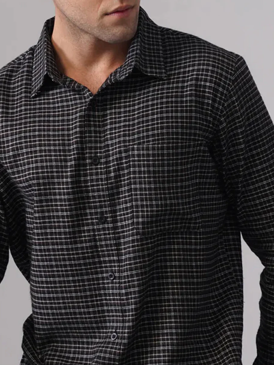 Black & White Brushed Organic Cotton Shirt – Regular Fit, Full Sleeves - Image 3