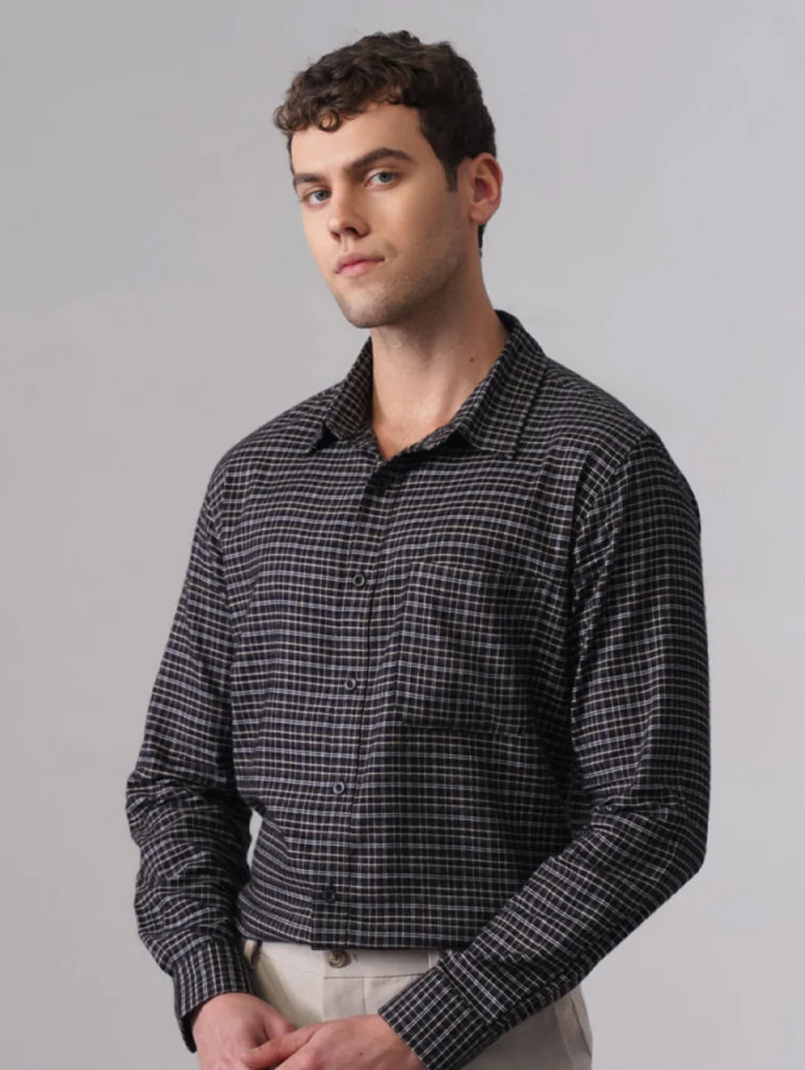 Black & White Brushed Organic Cotton Shirt – Regular Fit, Full Sleeves - Image 4