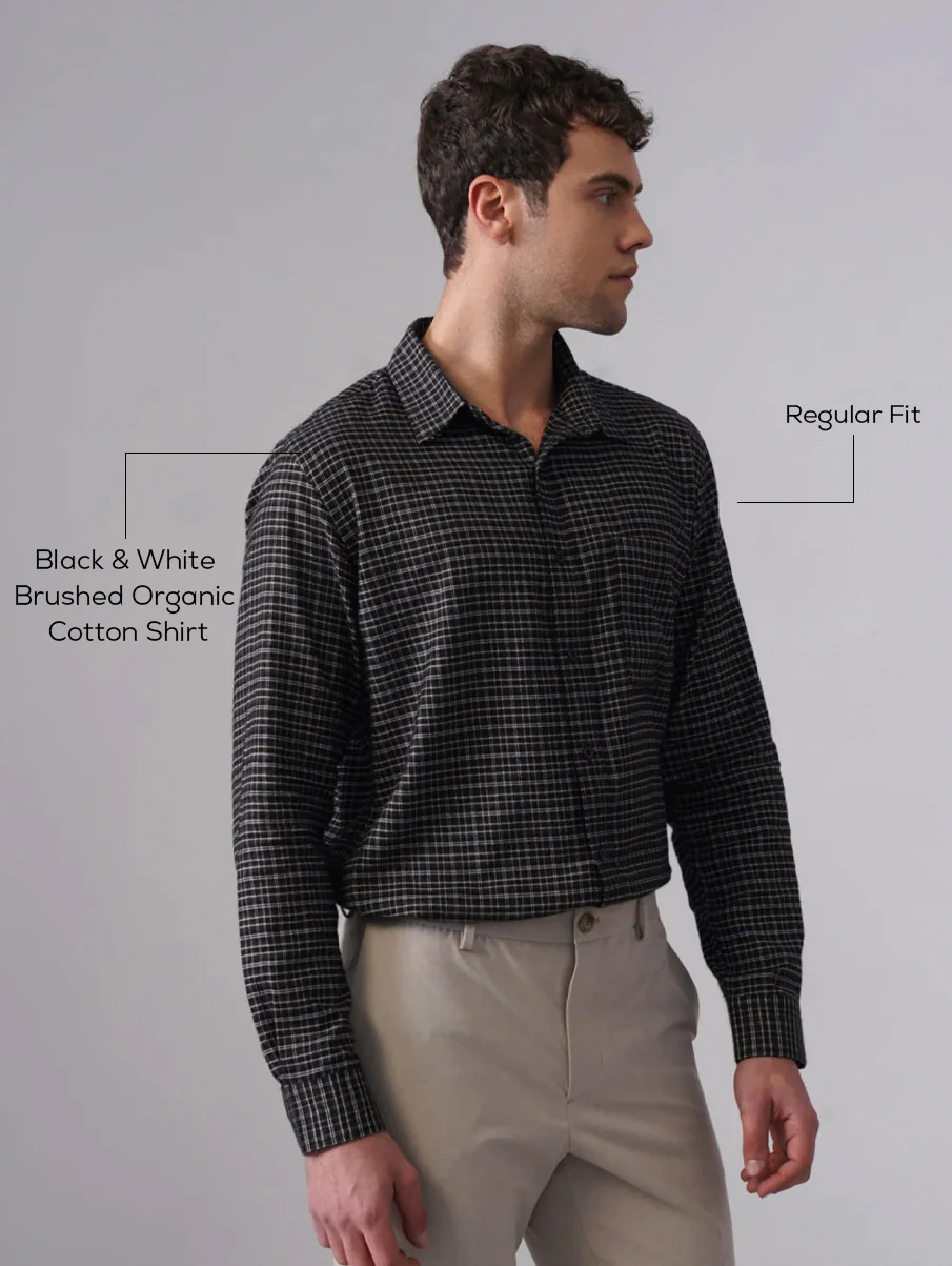 Black & White Brushed Organic Cotton Shirt – Regular Fit, Full Sleeves - Image 5