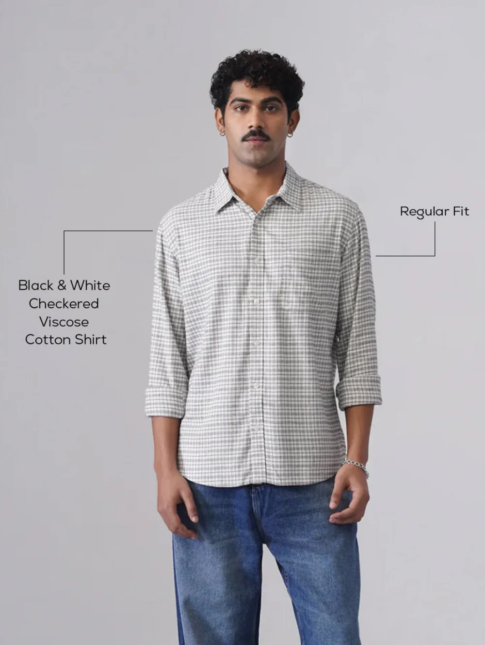 Black & White Checkered Viscose Cotton Shirt – Regular Fit, Full Sleeves - Image 5