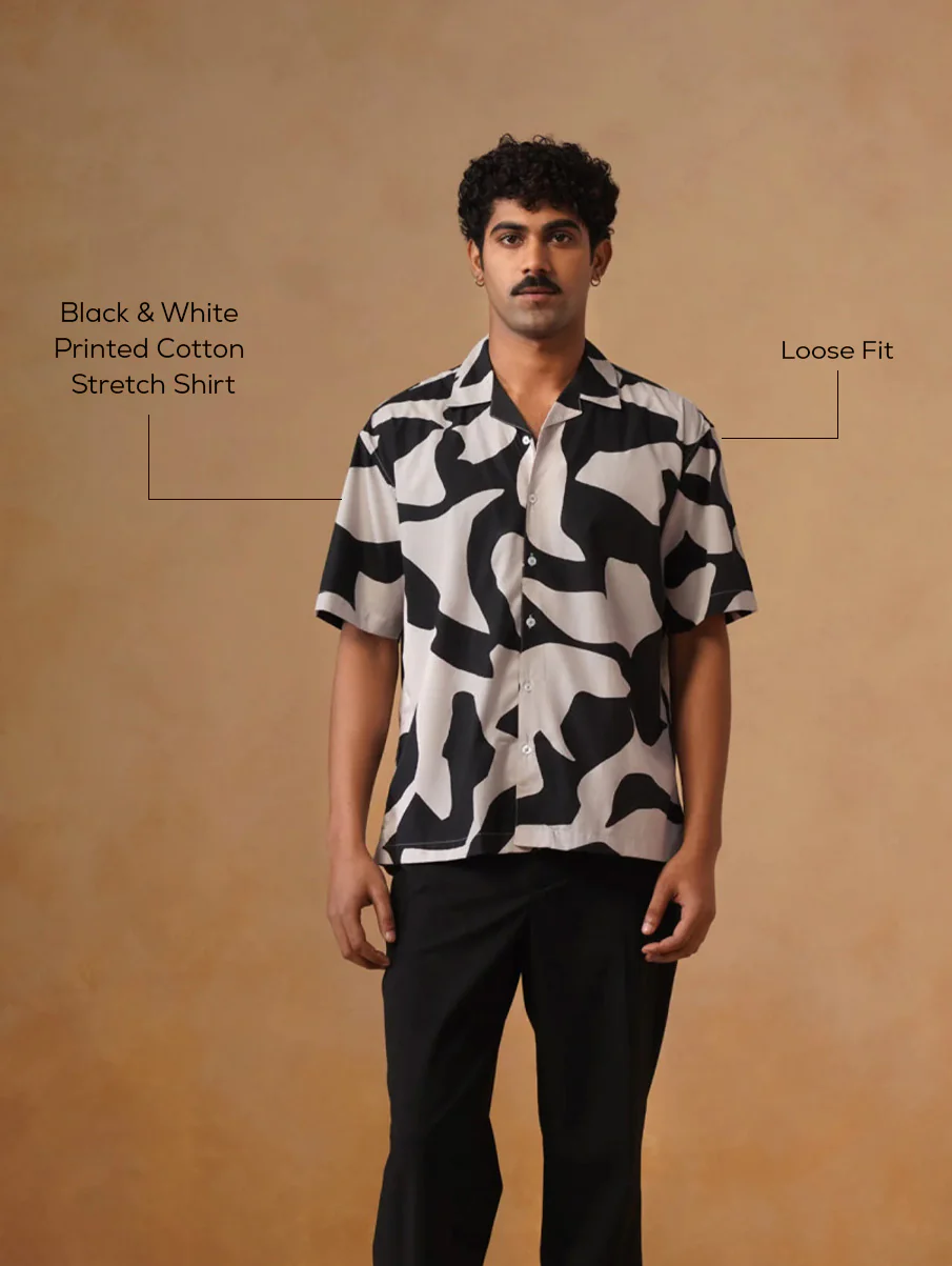 Black & White Printed Cotton Stretch Shirt – Loose Fit, Half Sleeves - Image 4