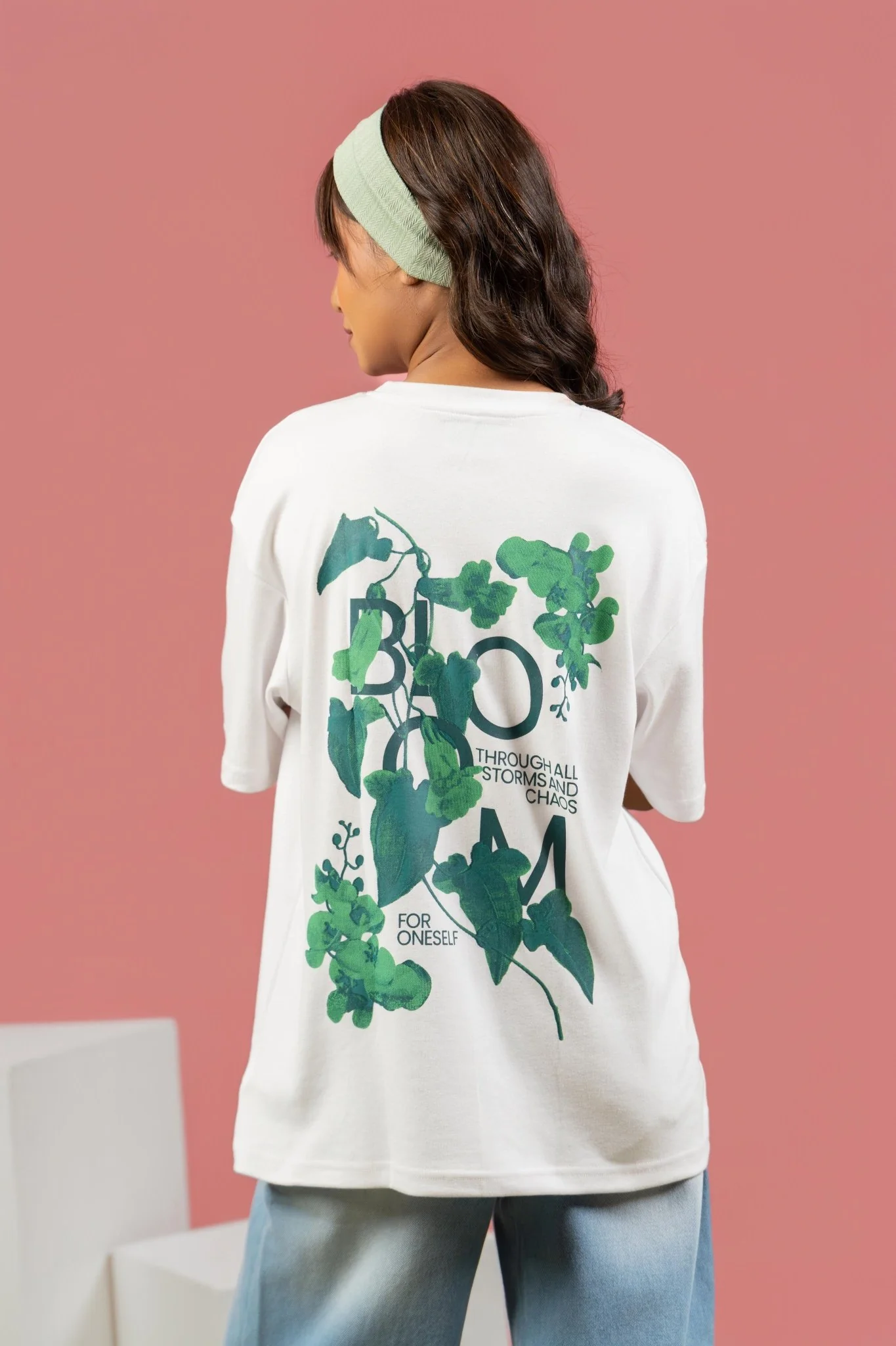 Bloom Printed White Oversized Tee - Image 2