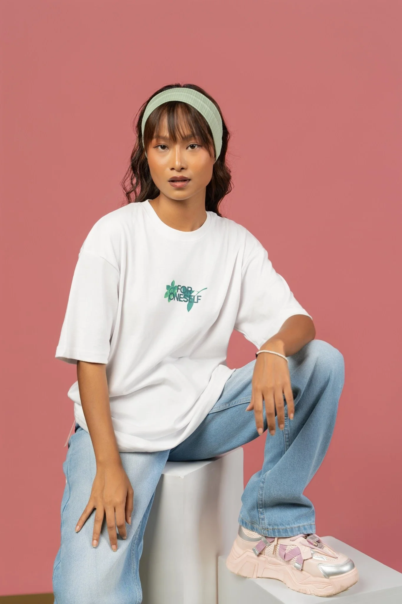 Bloom Printed White Oversized Tee - Image 3