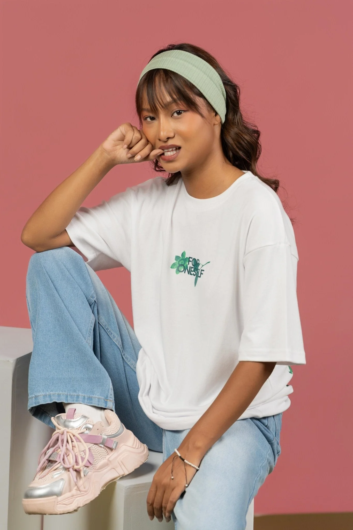 Bloom Printed White Oversized Tee - Image 4