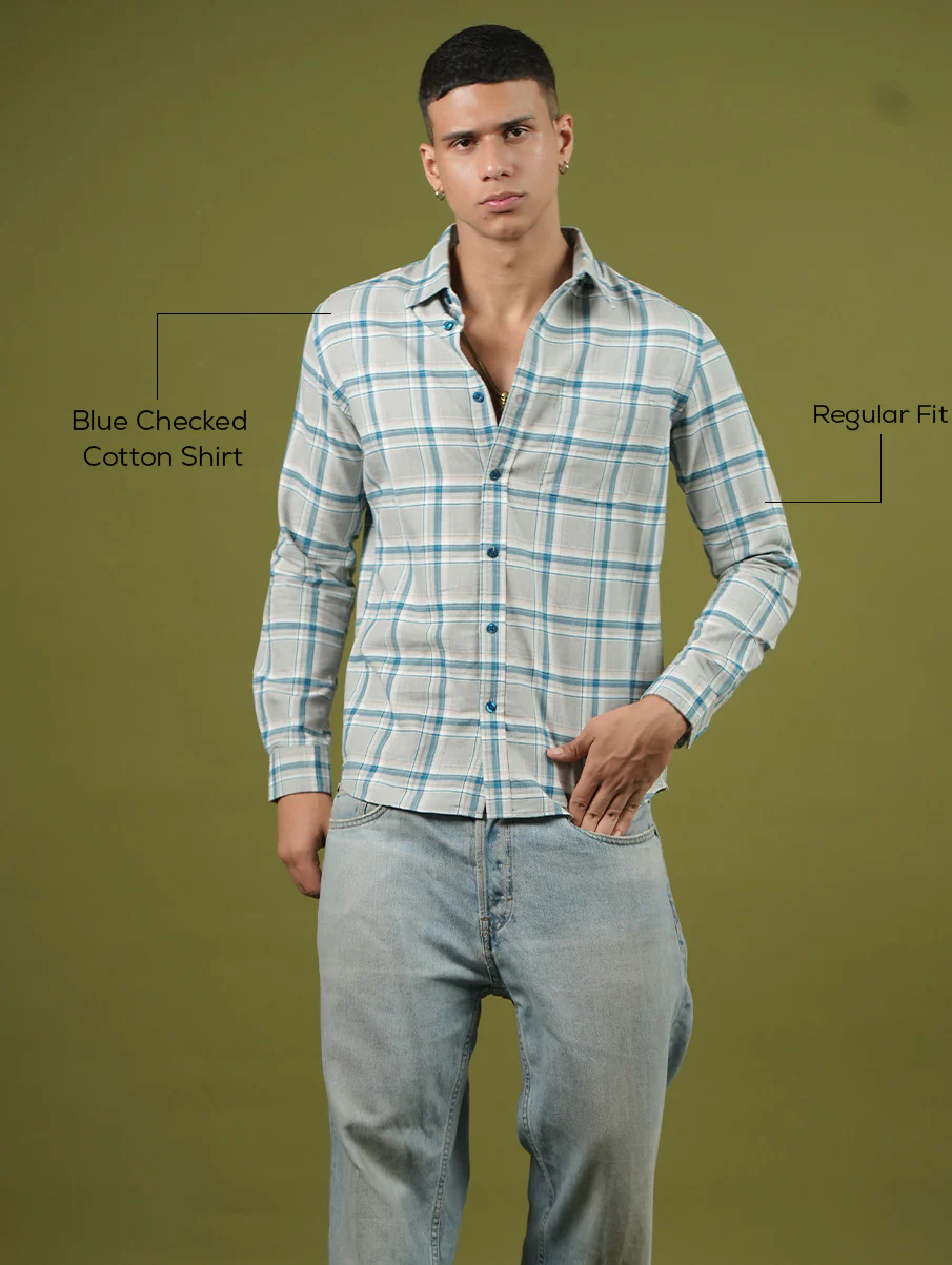 Blue Checked Cotton Shirt – Regular Fit - Image 5