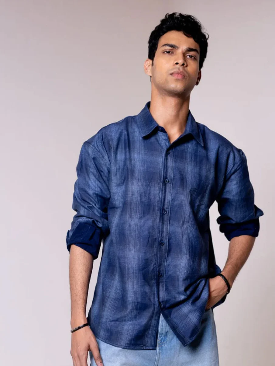 Blue Checked Oversized Reversible Corduroy Shirt