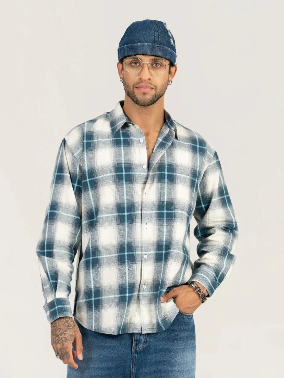 Blue Checkered Cotton Shirt – Full Sleeve, Loose Fit