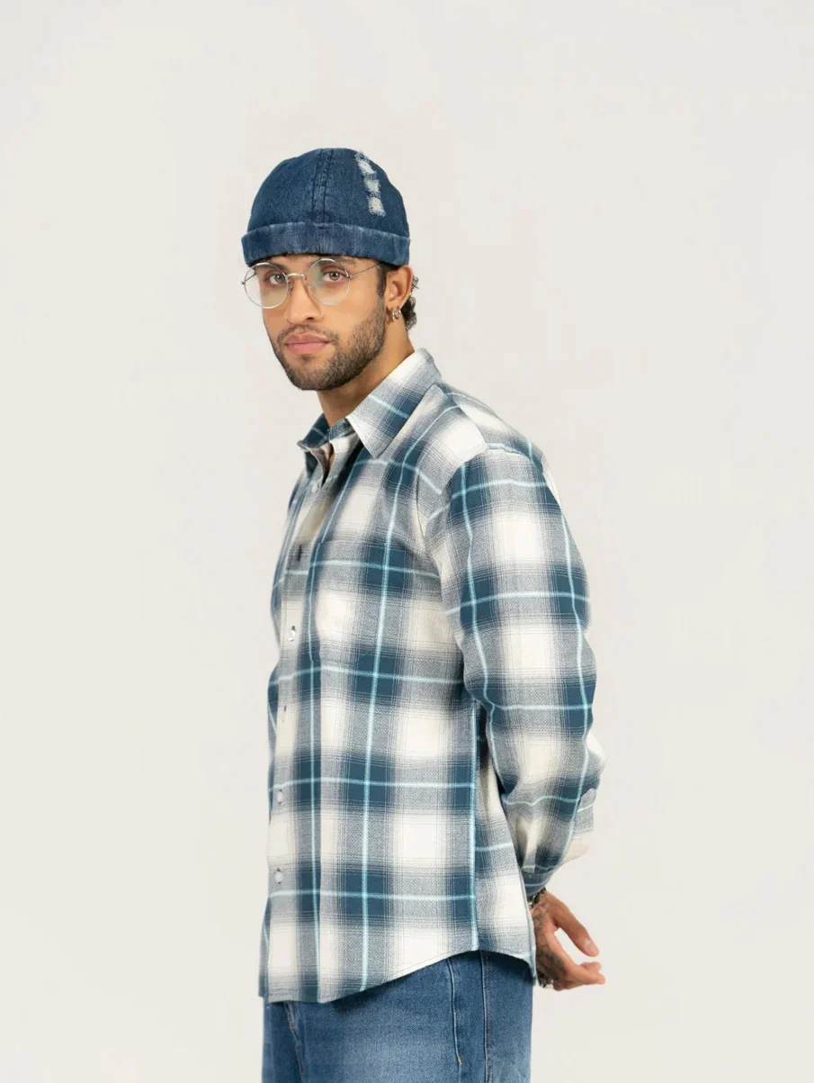 Blue Checkered Cotton Shirt – Full Sleeve, Loose Fit - Image 3