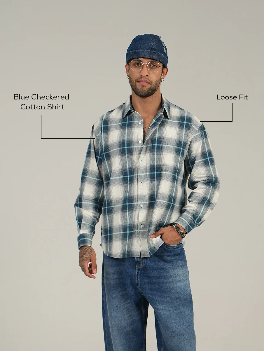 Blue Checkered Cotton Shirt – Full Sleeve, Loose Fit - Image 4