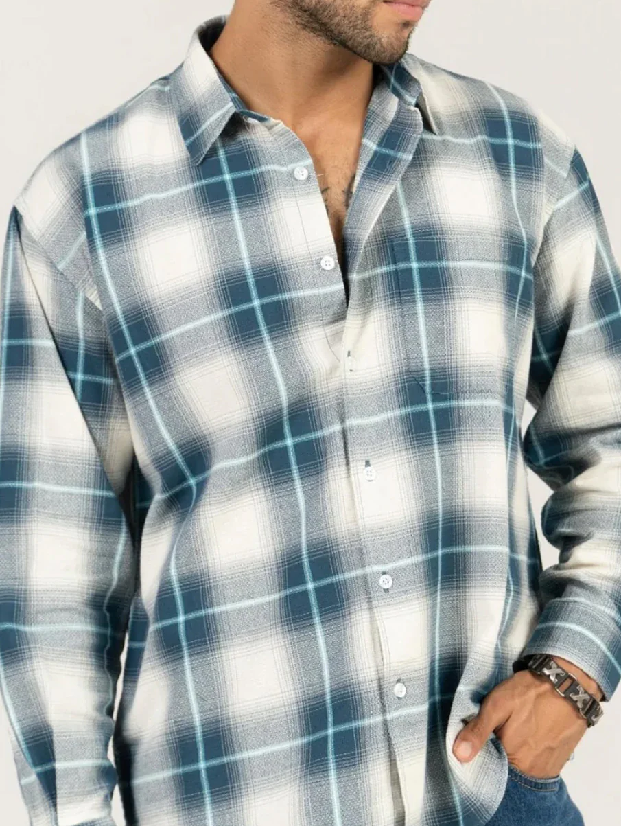 Blue Checkered Cotton Shirt – Full Sleeve, Loose Fit - Image 6