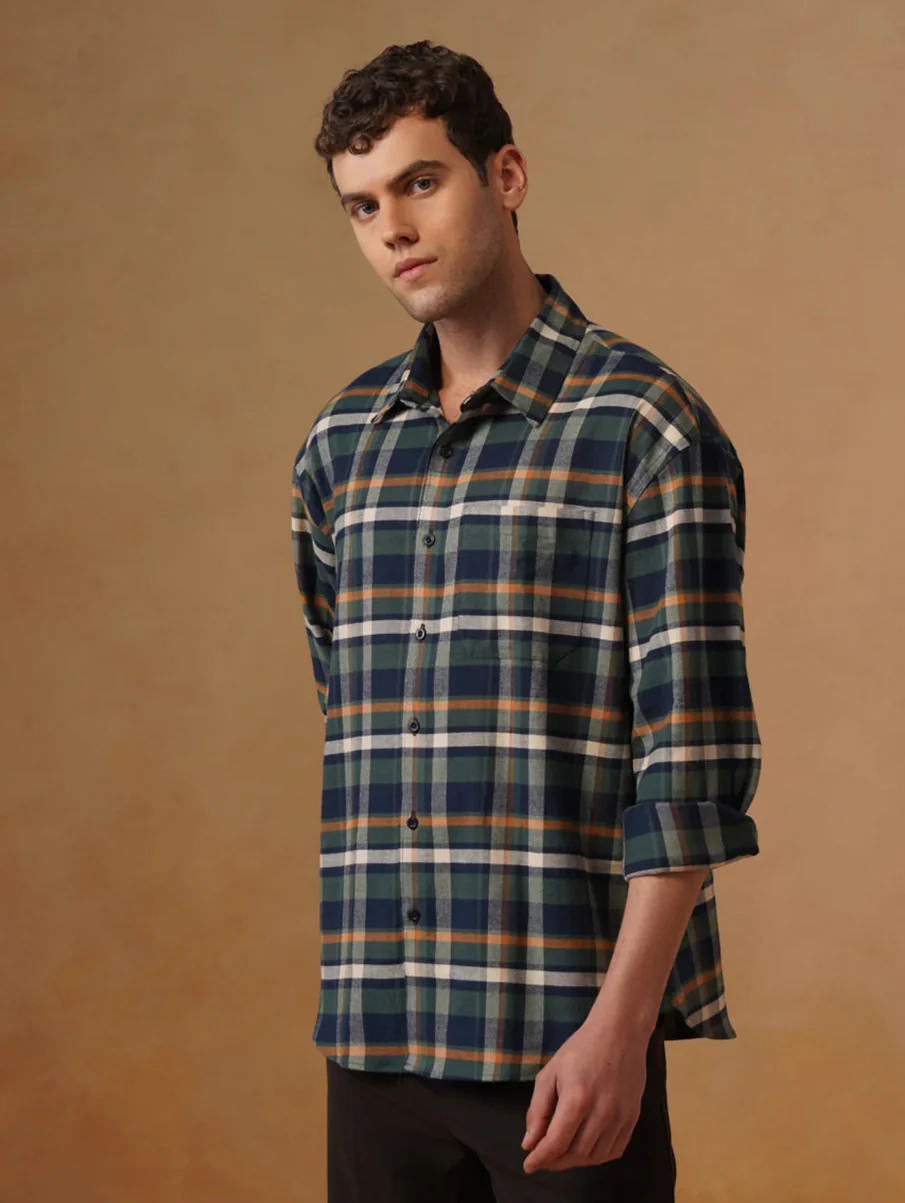 Blue Checkered Cotton Shirt – Loose Fit, Full Sleeves