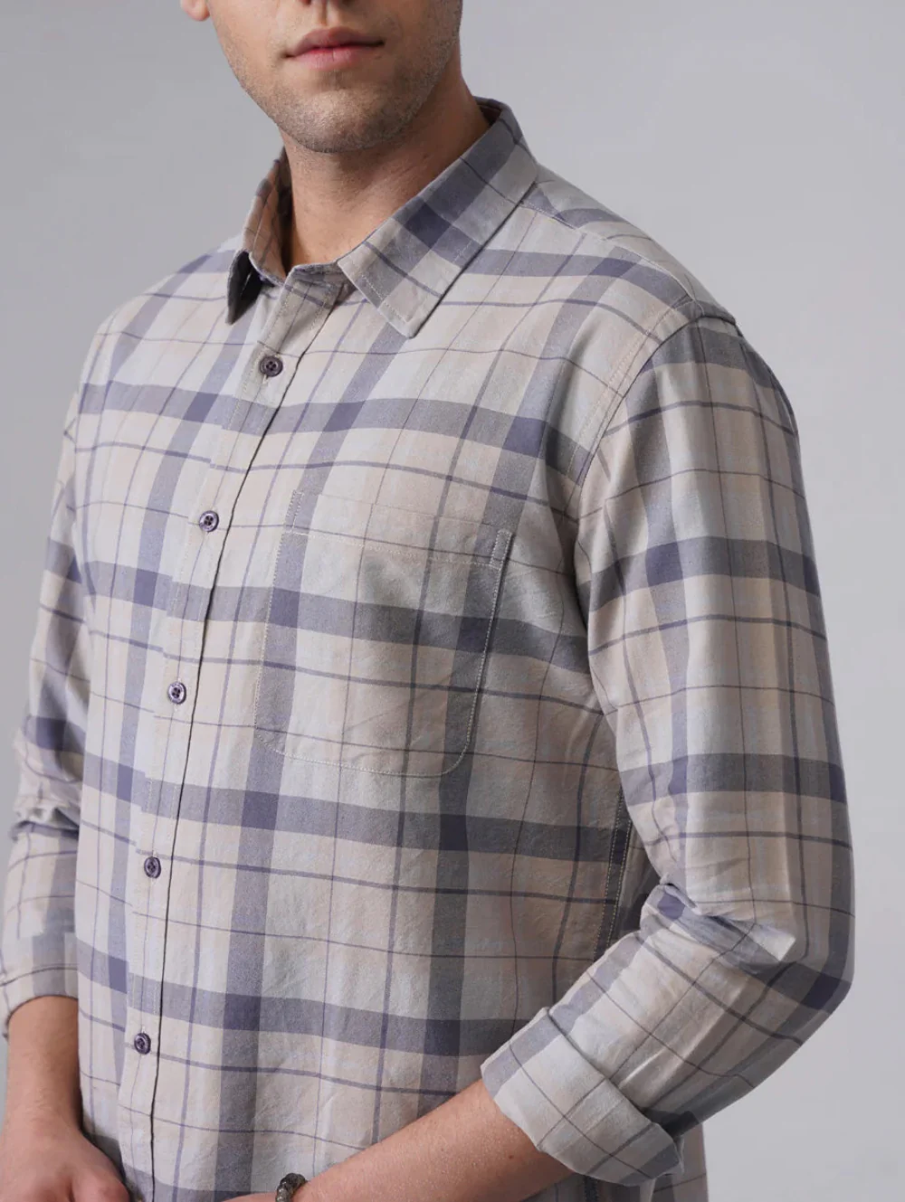 Blue Checkered Cotton Shirt – Regular Fit, Full Sleeves - Image 3