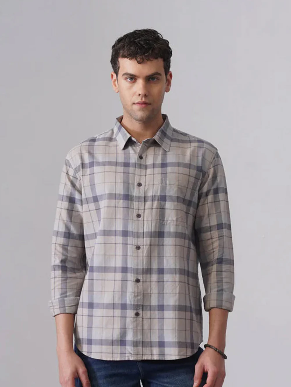 Blue Checkered Cotton Shirt – Regular Fit, Full Sleeves - Image 4