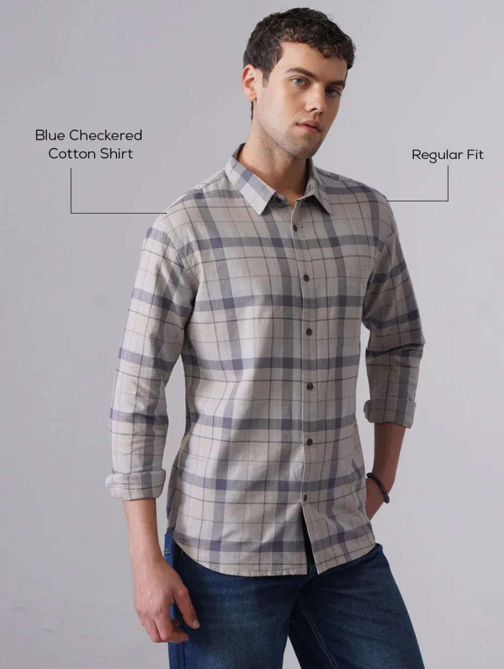 Blue Checkered Cotton Shirt – Regular Fit, Full Sleeves - Image 5